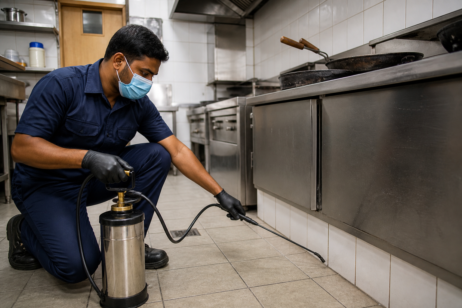 Pest-control technician treating a Hyderabad commercial kitchen